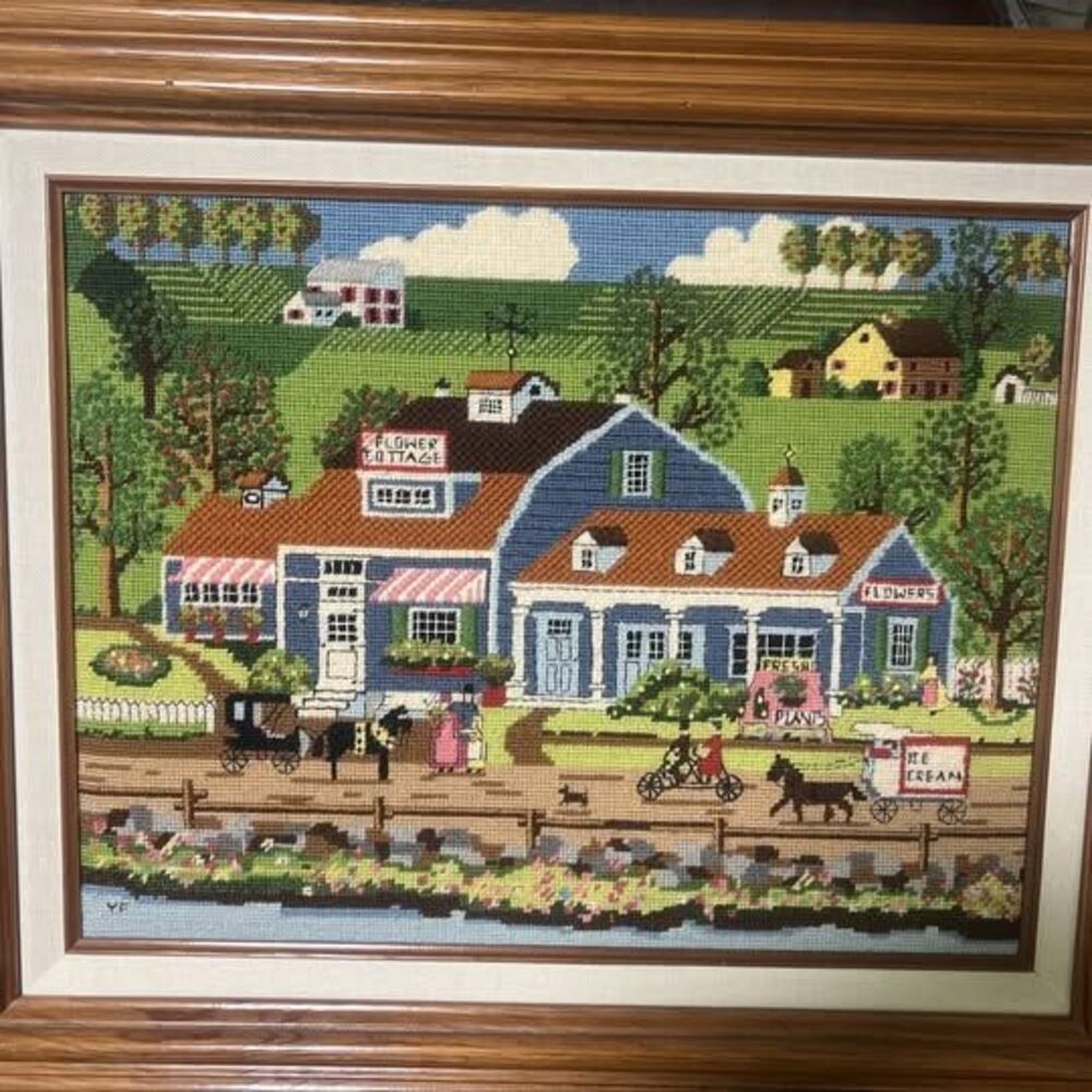 Finished Needlepoint "Prairie Wind Flowers" -- Framed Charles Wysocki Flower Far